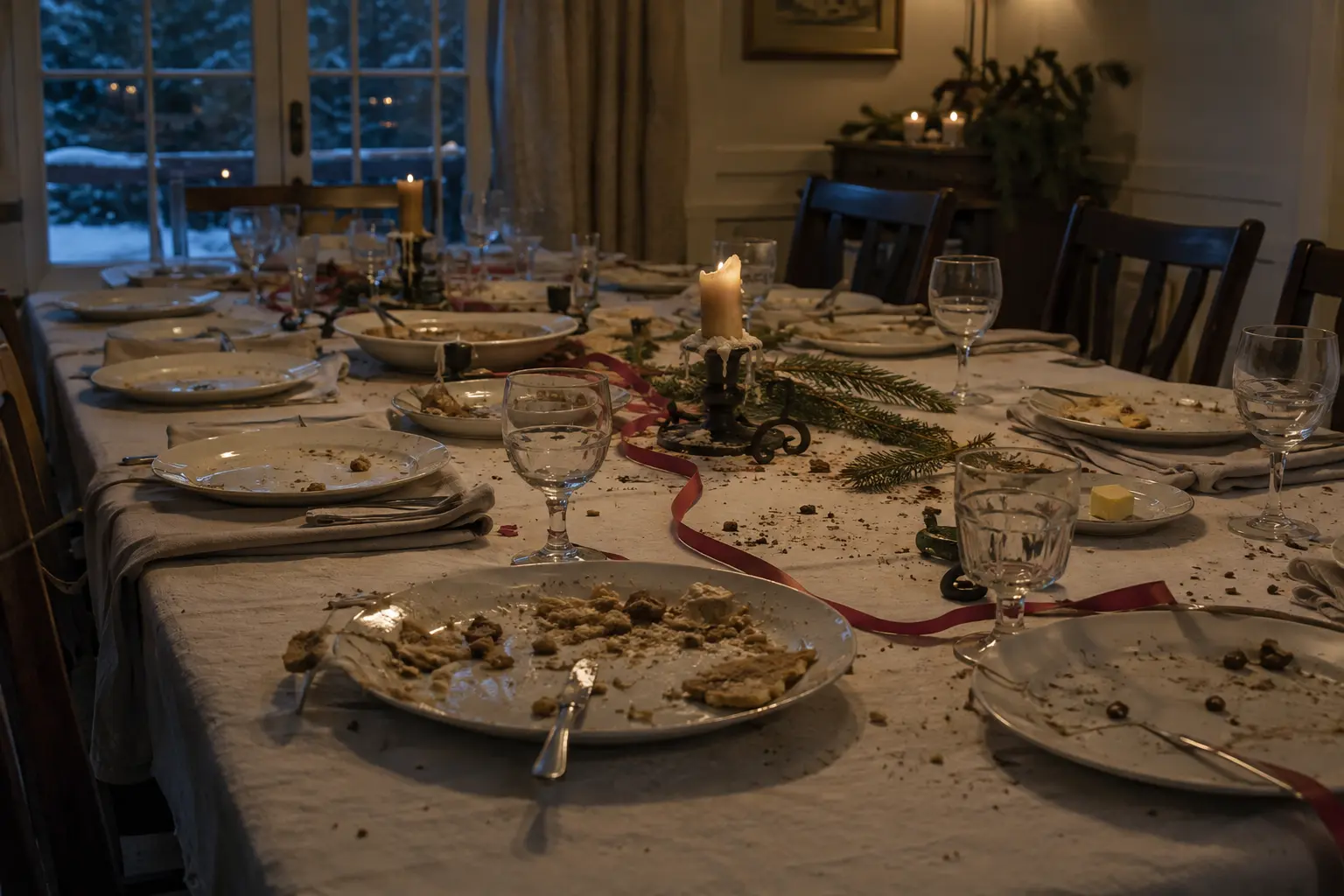 A real winter holiday dining table just after a gathering with used plates, crumbs, candle stubs, and a red cotton ribbon between the places